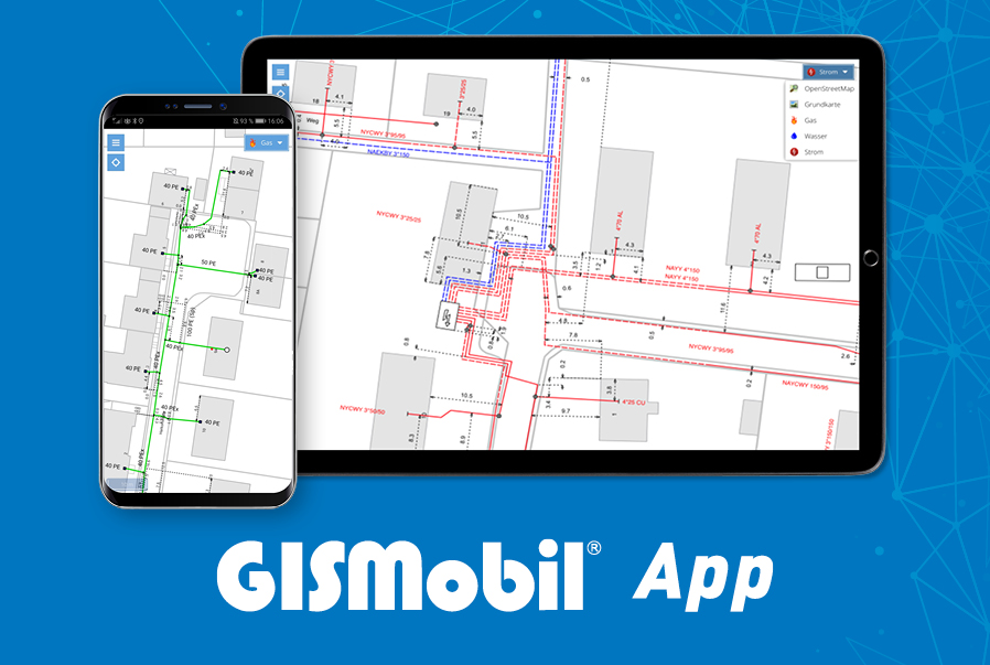 GISMobil App Anwendung im Smartphone mit blauem Hintergrund