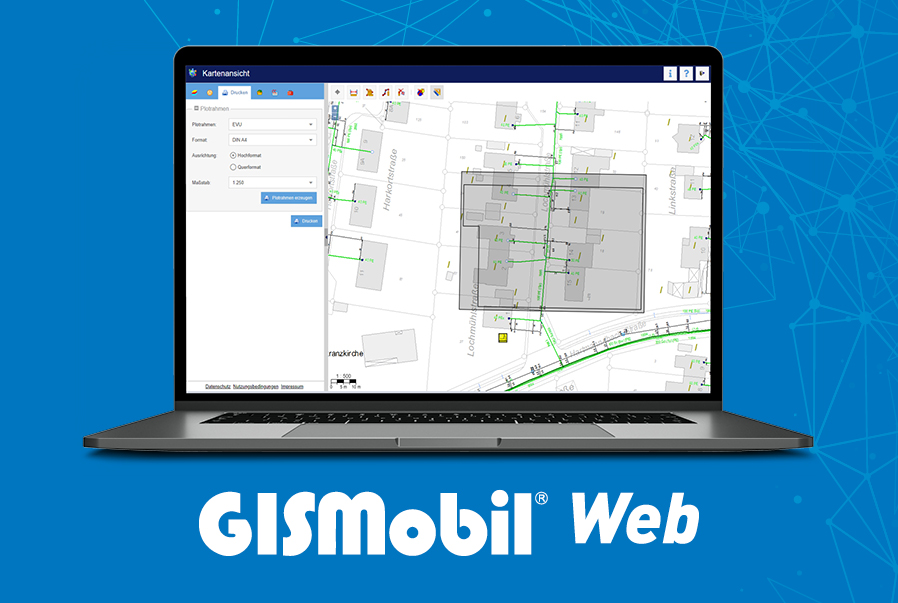 GISMobil Web Anwendung im Notebook mit blauem Hintergrund